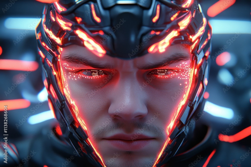 Poster A futuristic face with glowing cybernetic implants and holographic displays projecting data around it
