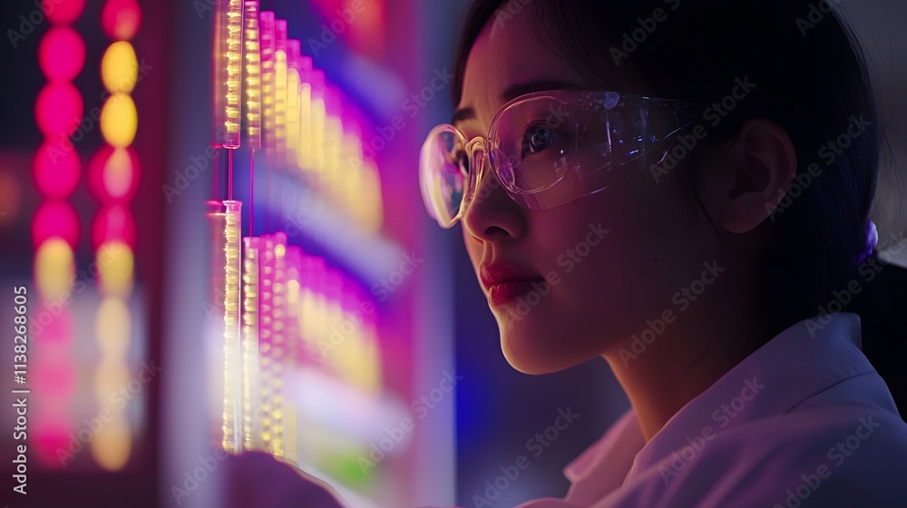Poster a focused scientist wearing glasses studies colorful data on a display screen, emphasizing the signi