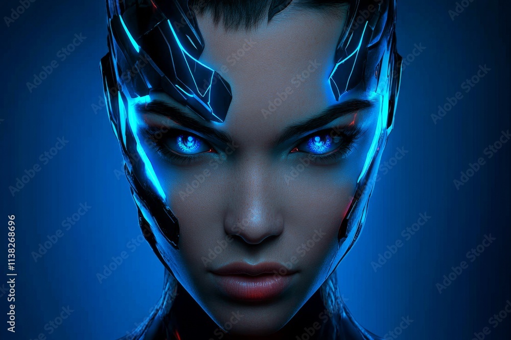Poster A futuristic face with glowing cybernetic implants and holographic displays projecting data around it
