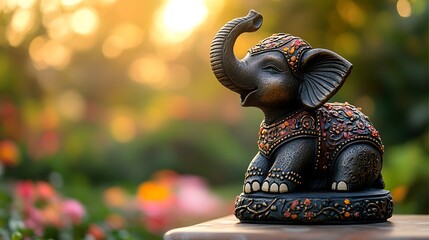 Fototapeta premium A small elephant figurine with an upturned trunk, adorned with tiny embellishments, resting on a tabletop, bathed in golden light with a blurred garden visible in the background, hd quality,