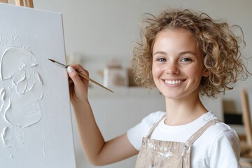 painting in art studio, a woman happily paints by a window, celebrating singles awareness day in a colorful, bright studio full of inspiration