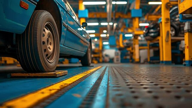 Car at garage workshop for car camber toe inspection and repair