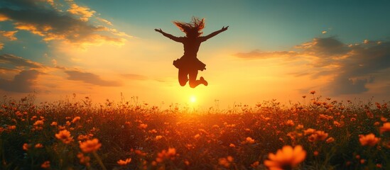 Silhouetted girl joyfully leaps in a sunset field of flowers.