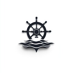 Ship wheel over stylized waves.