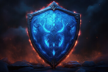 Fototapeta premium Glowing blue fantasy shield with ornate details amidst fiery backdrop.