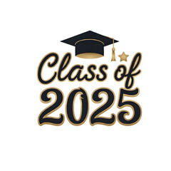 Stylized 'Class of 2025' lettering in black and gold with a small cap icon above the text, Graduation. convocation. png isolated background. transparent background.