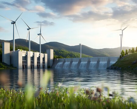 A modern hydroelectric dam with wind turbines, showcasing renewable energy and nature's beauty in a serene landscape.