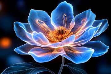 A futuristic glowing flower made of translucent, metallic petals, with holographic light beams radiating from its core in a dark, ethereal setting