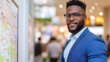 Obraz premium A stylish man in glasses stands confidently in an urban setting, next to a map on the wall, highlighting navigation and modern city life aspirations.