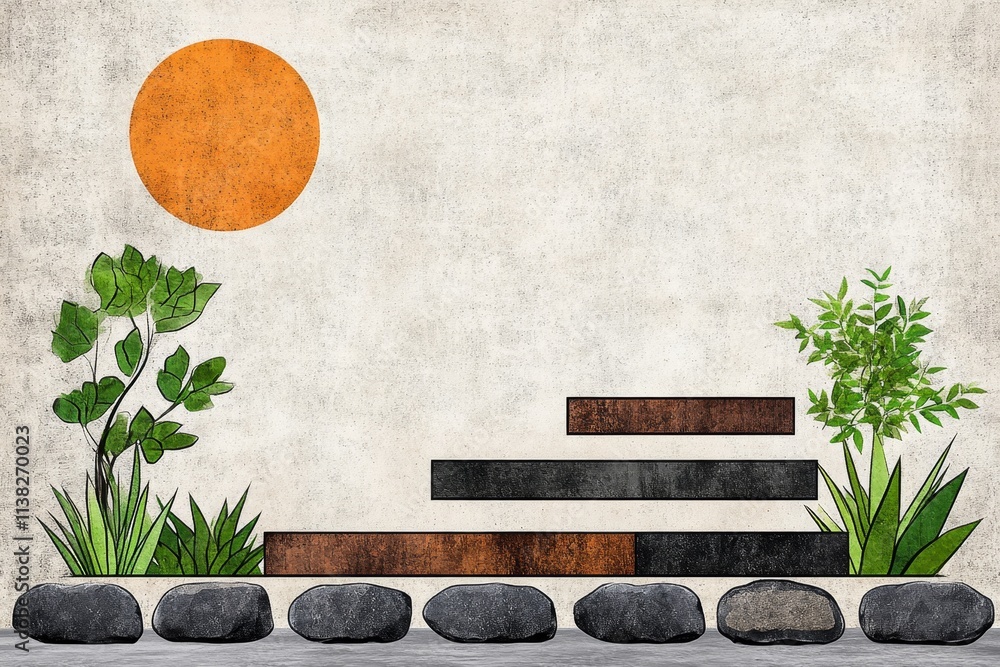 Poster a geometric representation of a split-rail fence, with abstract shapes in neutral brown and green to