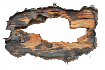 hole in the wood board, hole break through white wall, decor frame, white transparent background. cutout png