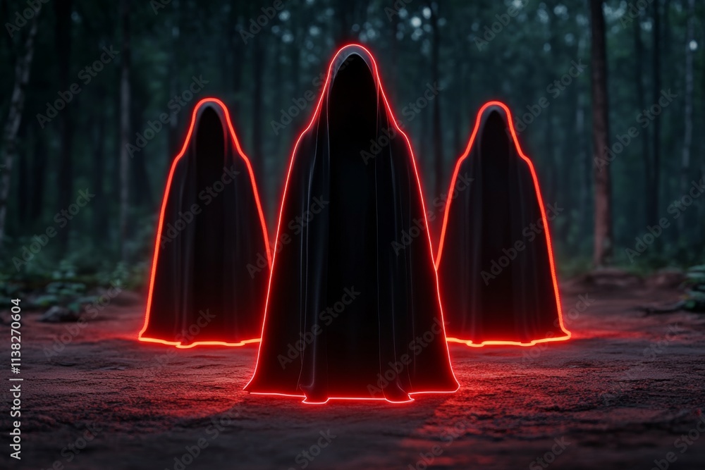 Poster a gothic depiction of a dark ritual with glowing red fire illuminating shadowy figures in cloaks