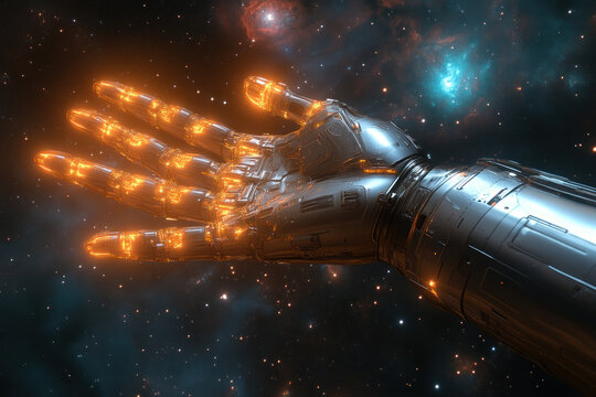 Robotic hand reaching out in space. (2)