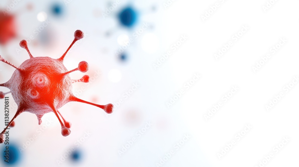 Poster an abstract close-up visual of virus cells rendered in vibrant red hues, capturing the microscopic d