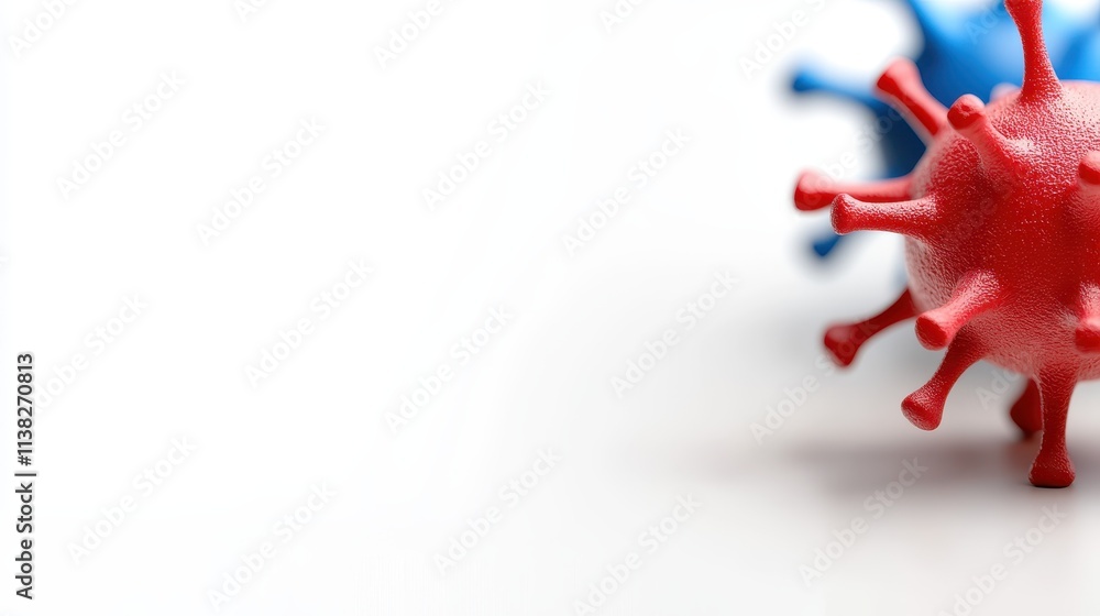Poster an abstract depiction of virus cells in contrasting red and blue colors, emphasizing the dynamic int