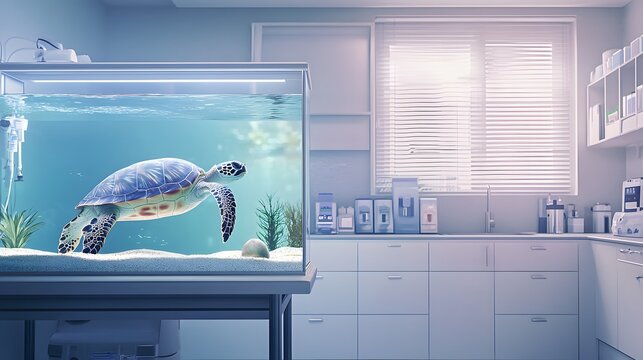 A serene scene depicting a turtle swimming gracefully in a well-equipped aquarium, surrounded by aquatic plants and medical supplies for marine care, emphasizing marine life conser