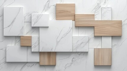 Naklejka premium Modern Minimalist Composition: Marble and Wood Geometric Wall Art, contemporary architecture elements,