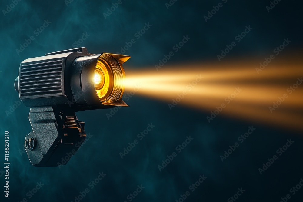 Poster a gothic-inspired depiction of an old film projector in a shadowy room, with the beam of light pierc