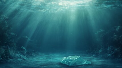 Plastic bag under the sea, with copy space