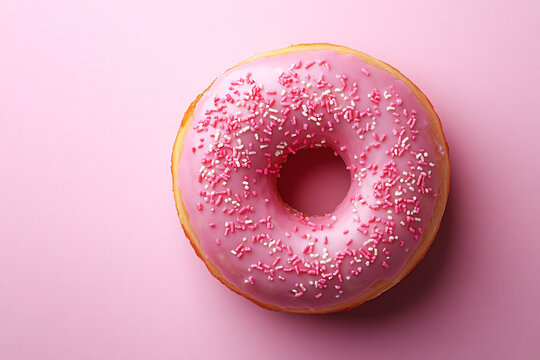Pink donut on color background, top view with space for text. Doughnut on pink background. Generated AI