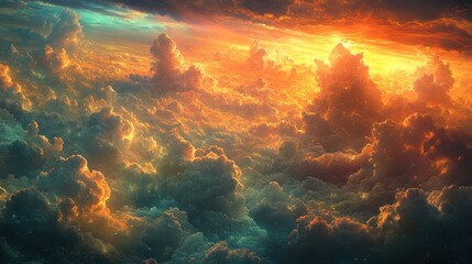 Obraz premium A vibrant, colorful depiction of clouds at sunset, evoking a sense of wonder and tranquility.