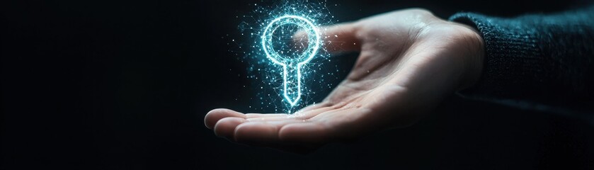 Fototapeta premium A glowing key symbol is held in an outstretched hand against a dark background, representing security, access, and digital innovation.
