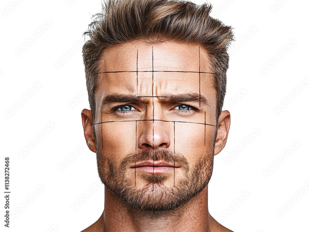 Poster intriguing portrait, man's face enigmatically transformed by projected grid, exploring the intersect