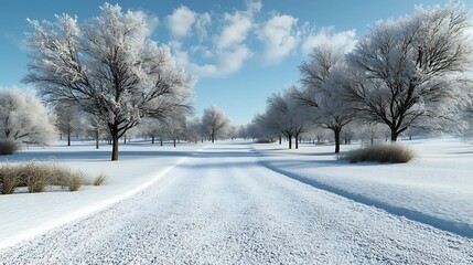 Fototapeta premium Tranquil Snow Covered Clearing Surrounded by Frosty Trees Under Pale Blue Sky