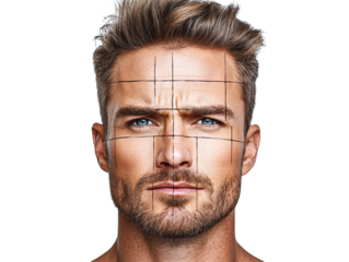 Intriguing portrait, man's face enigmatically transformed by projected grid, exploring the intersection of identity, technology, and art