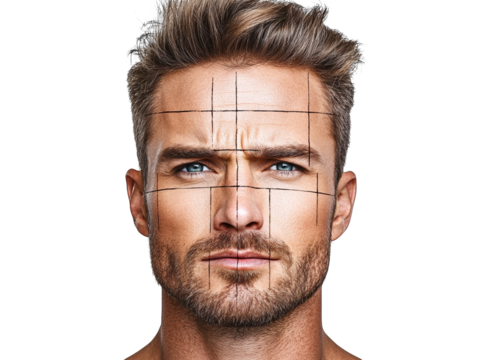 Intriguing portrait, man's face enigmatically transformed by projected grid, exploring the intersection of identity, technology, and art