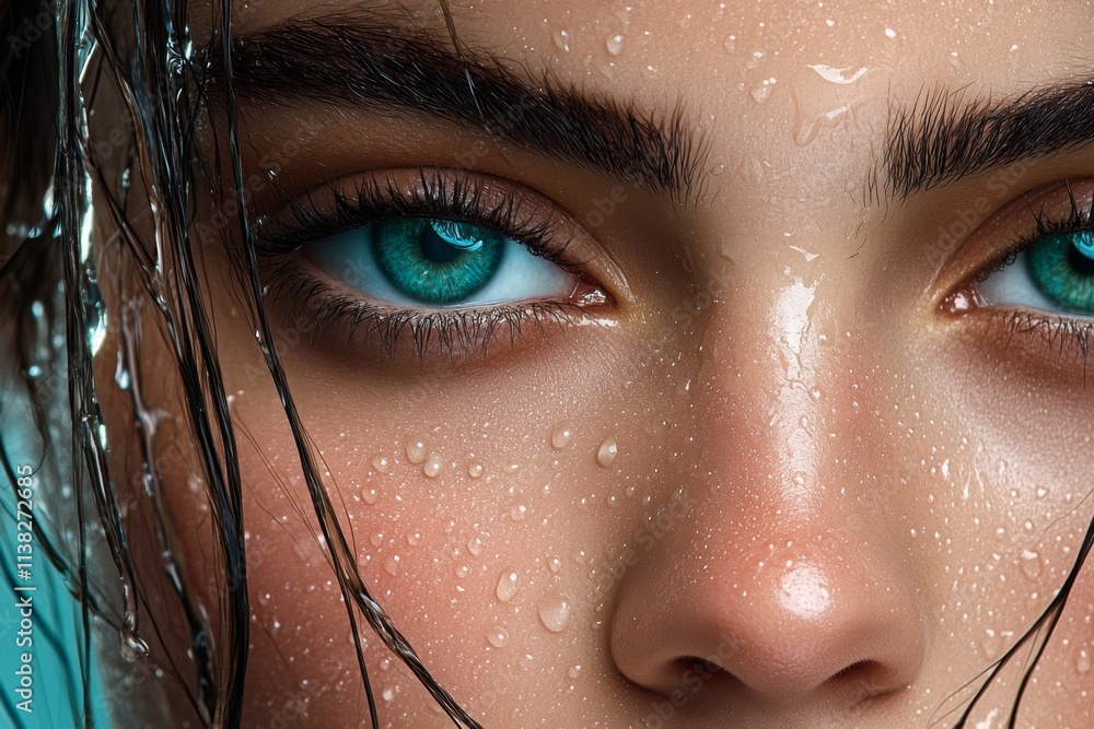Poster a hyper-realistic close-up of a face with water droplets, each detail meticulously captured in high 