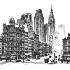 Fototapeta premium cityscape, tall skyscrapers, historic buildings, waterfront boats, modern and classic architecture sketch engraving generative ai raster illustration. Scratch board imitation. Black and white image.