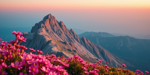Fototapeta premium A Majestic Mountain Peak Bathed in the Warm Glow of Sunset, Adorned with a Field of Vibrant Pink Wildflowers