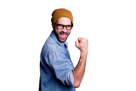 Profile side view portrait of his he nice attractive cheerful cheery glad satisfied bearded guy showing yes gesture isolated over bright vivid shine violet lilac background