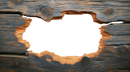 hole in the old wood wall, hole break through wooden board plank, decor frame, white transparent background. cutout png