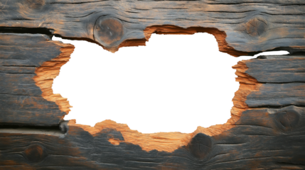 hole in the old wood wall, hole break through wooden board plank, decor frame, white transparent background. cutout png