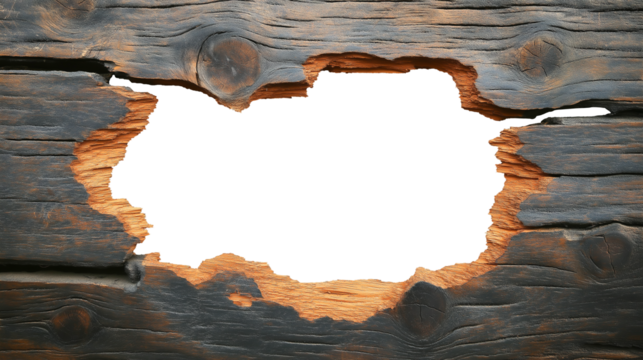 hole in the old wood wall, hole break through wooden board plank, decor frame, white transparent background. cutout png