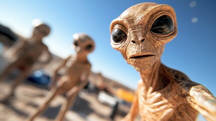 A trio of extraterrestrial beings with large eyes stand in an open desert-like area, their attention focused on the camera, evoking curiosity and intrigue.