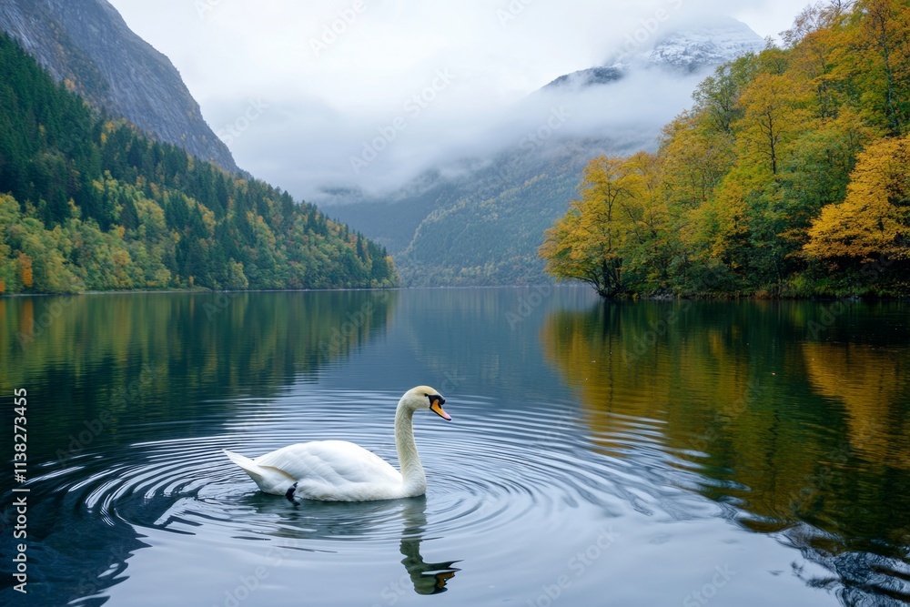 Poster a lone swan gliding across a fjord surface, creating gentle ripples that spread outward in the calm 