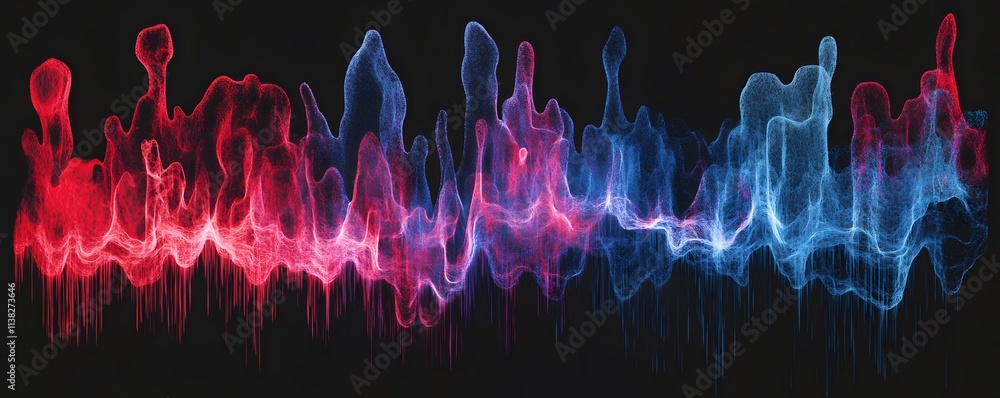 Poster an abstract representation of sound waves in vibrant red and blue colors, creating a dynamic visual 