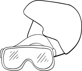 Skiing and snowboarding goggles sunglasses and helmet. Extreme snow sport protective gear. Vector graphic line illustration composition