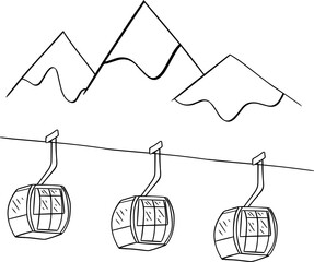 Gondola ski lift mountain forest black and white graphic line illustration. vector composition  Riding elevator ski lift landscape with mountains isolated. Ski resort winter season monochrome scene © Ekaterina