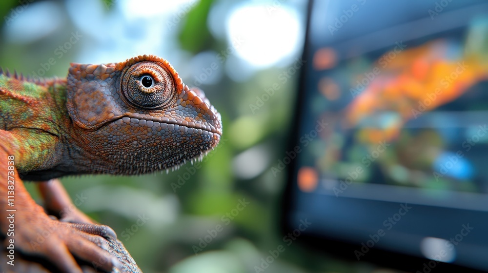 Poster a vivid chameleon stares intently with its bright colors highlighted, while a blurred computer scree