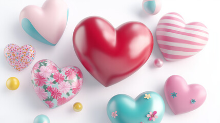 Obraz premium Set of pastel hearts, pink, blue green 3d
