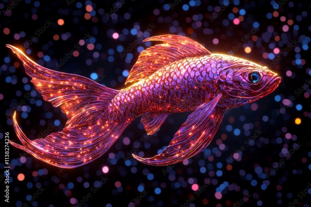 Poster a magical underwater scene with a glowing, mythical fish adorned with iridescent fins and sparkling 
