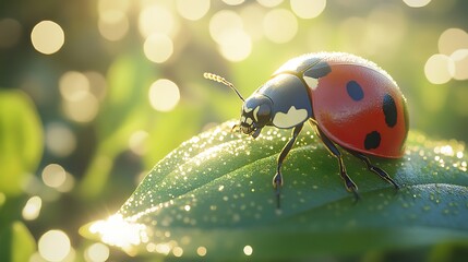 A vibrant ladybug resting on a sunlit green leaf, the natural details of its shell and the leaf's veins sharply defined, with a bokeh background of gentle earthy tones, hd quality, natural look.
