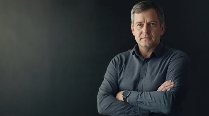 Fototapeta premium Portrait, arms crossed and mature business man with company experience, pride and integrity in office. Face, confidence and expert manager, with copy space
