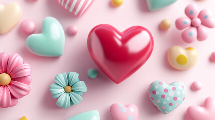 Fototapeta premium Set of pastel hearts, pink, blue green 3d