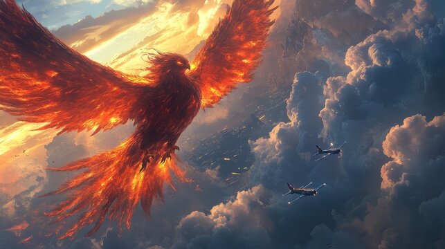 A gigantic bird-like creature with fiery feathers soaring through the sky as small planes scramble to intercept