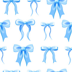 Seamless pattern with cute bows in cartoon style. Vector illustration of a pattern with blue ribbon bows of different shapes and sizes, isolated on a white background. Wrapping paper. Packaging.Decor.